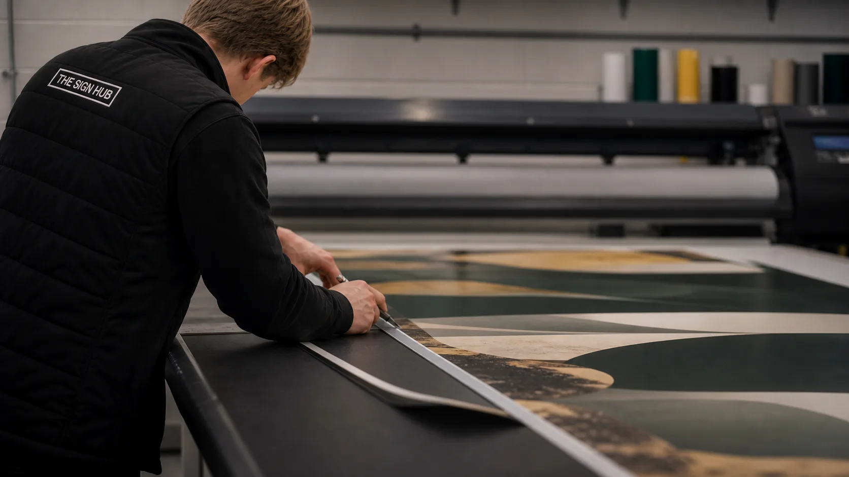 Trimming a freshly printed roll in the Wellingborough workshop