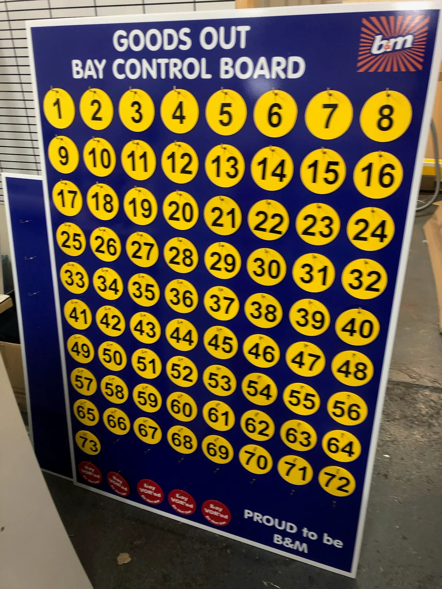 B and M goods out bay control board with numbered magnetic markers