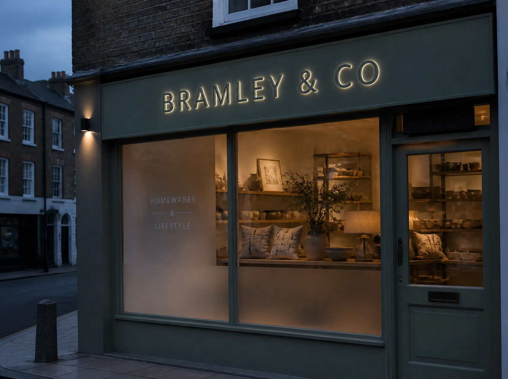 Illuminated built-up letters on a homeware shopfront