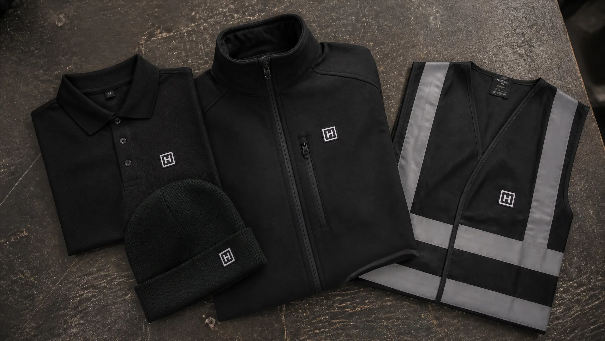 Folded branded workwear kit laid out on a bench